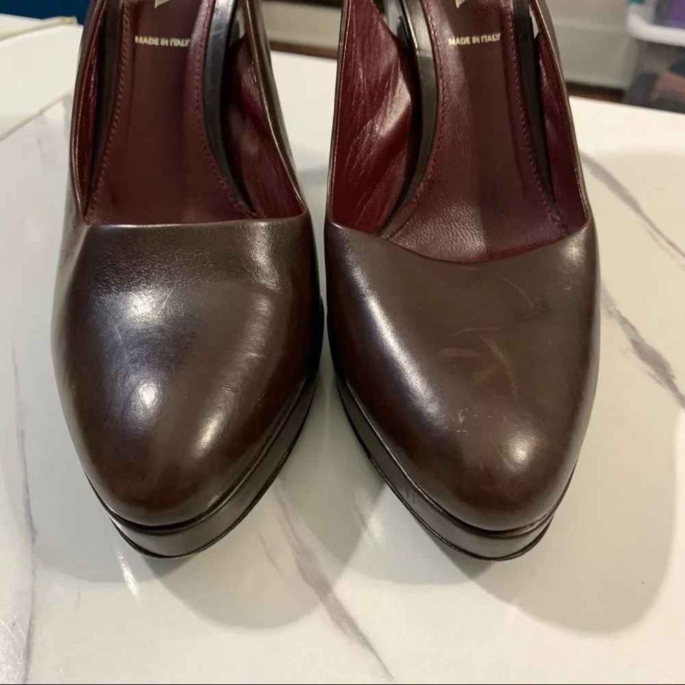 PRADA VERO CUOIO Brown Burgundy Leather Platform Pumps High Heels 38 - Picture 6 of 16
